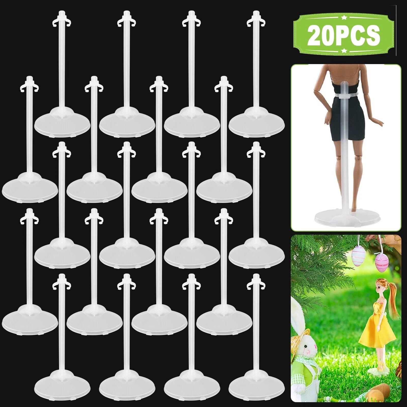 Doll Stand Display Holder with Adjustable Clips, White Plastic
