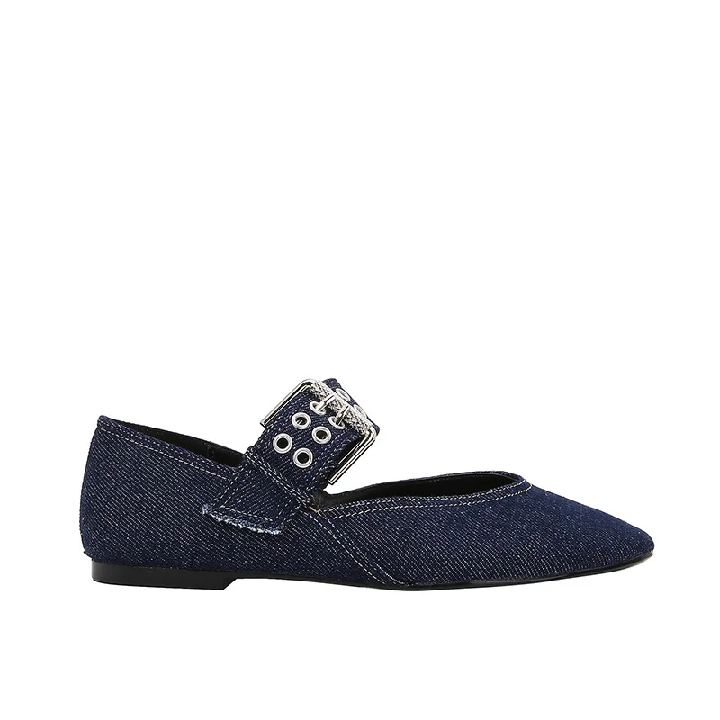 Womens Denim Blue Ballet Flats, Lightweight Designer Mary Jane Shoes with Metal Buckle Strap, Casual Fashion Flats