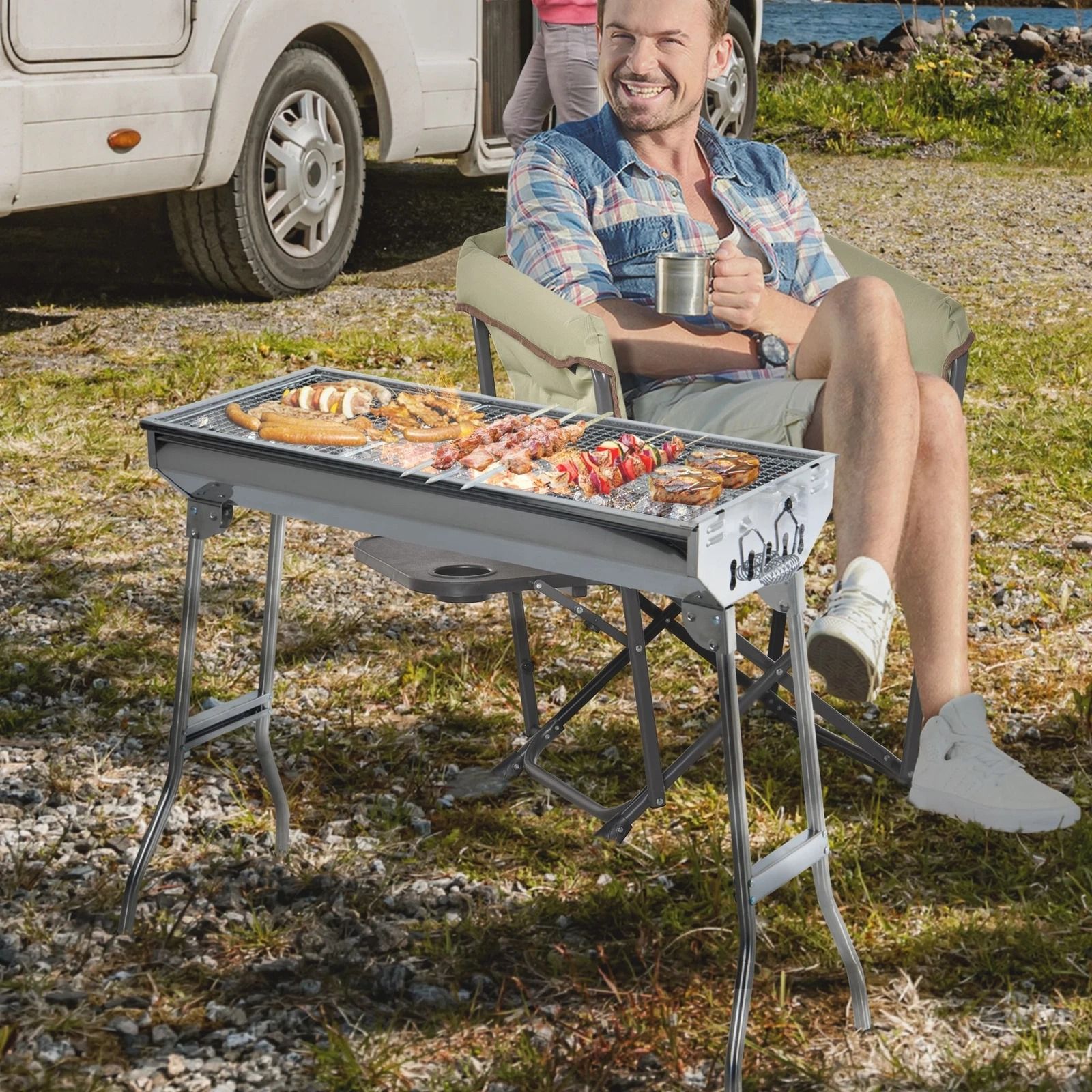 Foldable Charcoal BBQ Grill, Portable Stainless Steel Backyard Cooker for Camping & Parties