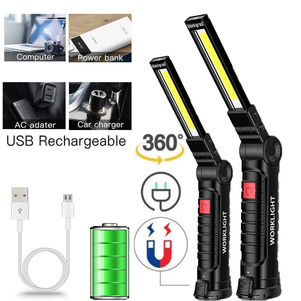 Portable COB LED Flashlight USB Rechargeable Work Light Magnetic Lanterna Hanging Lamp with Built in Battery