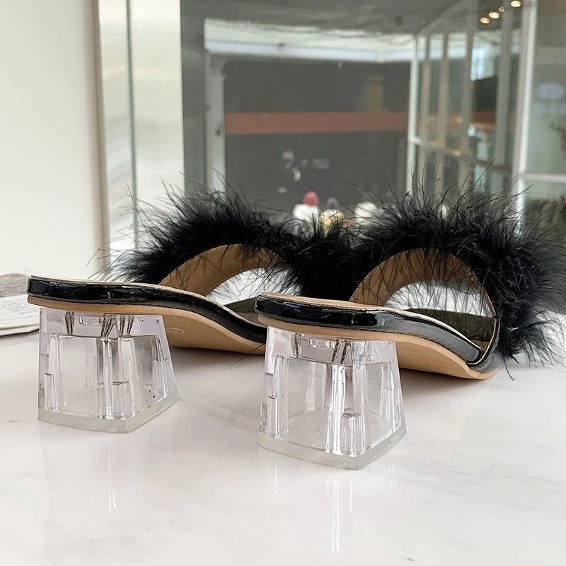 Sexy Faux Fox Fur Square Toe Pumps – Elegant Chunky Heel Summer Slippers