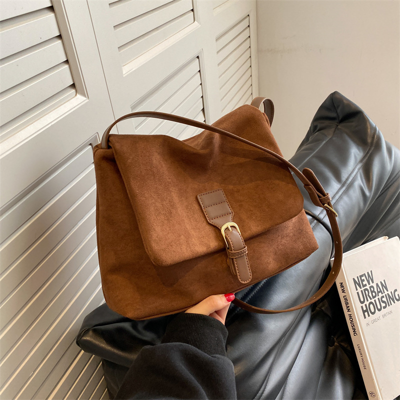 Vintage Brown Suede Soft Leather Women Shoulder Bag Large Capacity Crossbody Tote Fashion Hobo Handbag