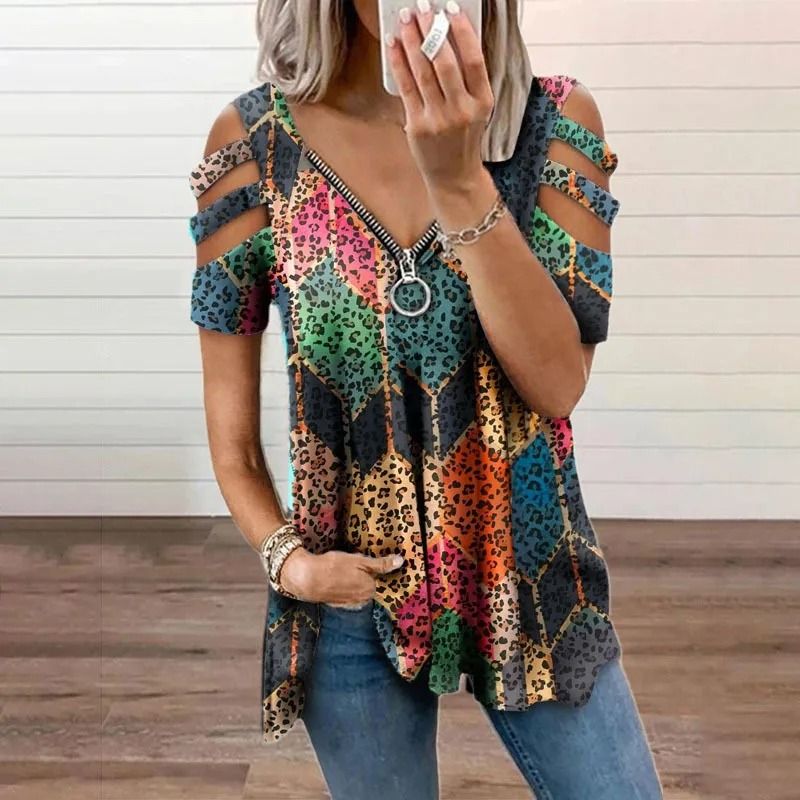 Summer Cold Shoulder Leopard Print Zipper V Neck Loose Casual Blouse