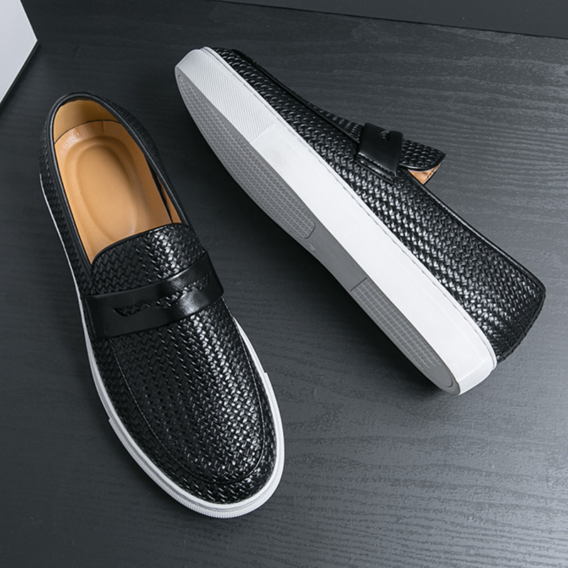 Men's Slip On Loafers, Soft Leather Shoes, Weave Pattern Sneakers, Casual Flats