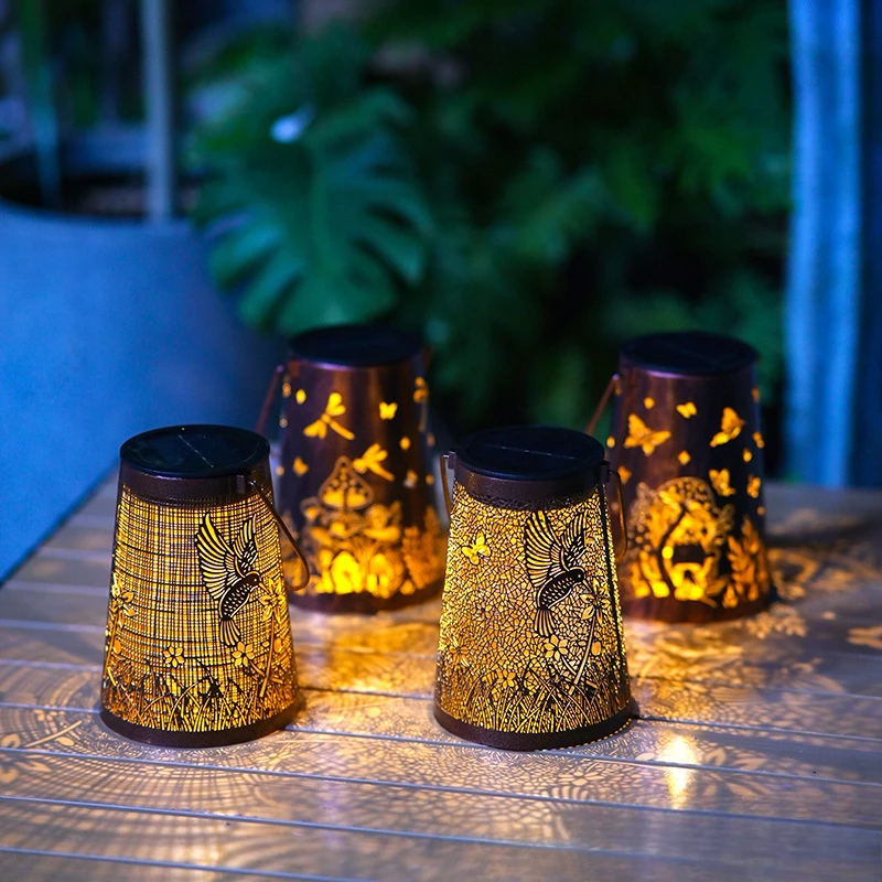 LED Solar Hollow Iron Lantern Outdoor Light, Garden Courtyard Projection, Decorative Hanging Lawn Atmosphere Lamp
