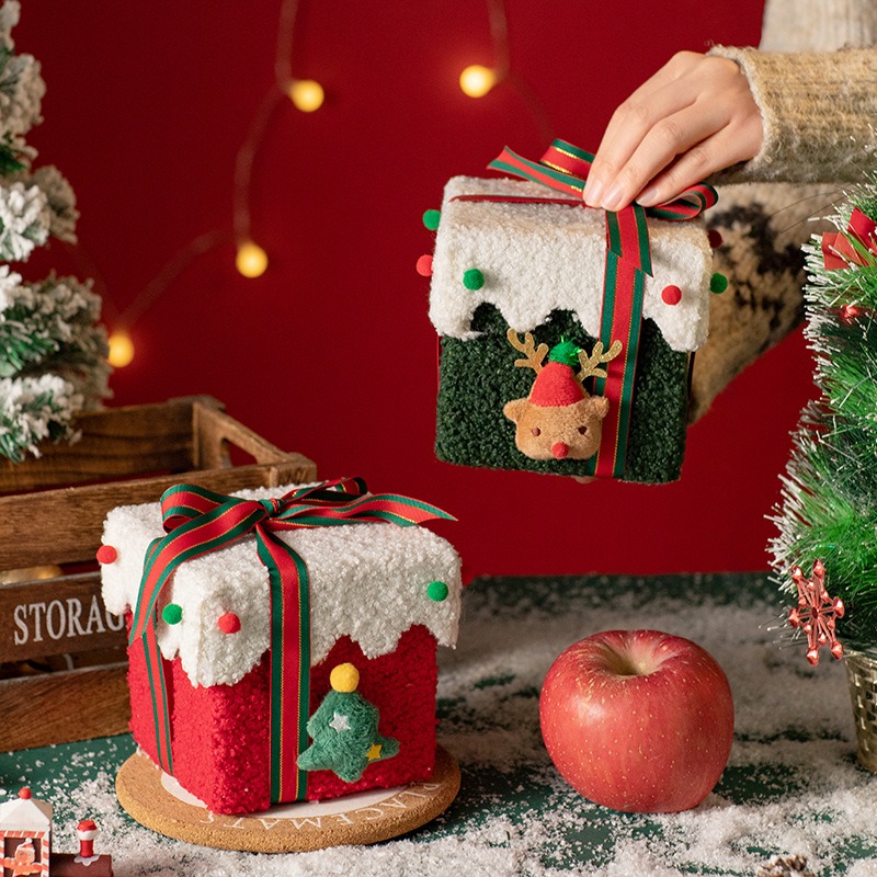 Xmas Tree Felt Box With Ribbon Multifunctional, Christmas Eve Apple Gift Box, Reindeer Plush Candy Treat Box For Snacks