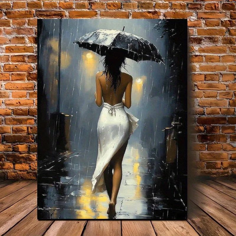 Romantic Rainy Night Canvas Wall Art Framed Umbrella Street Scene Decor