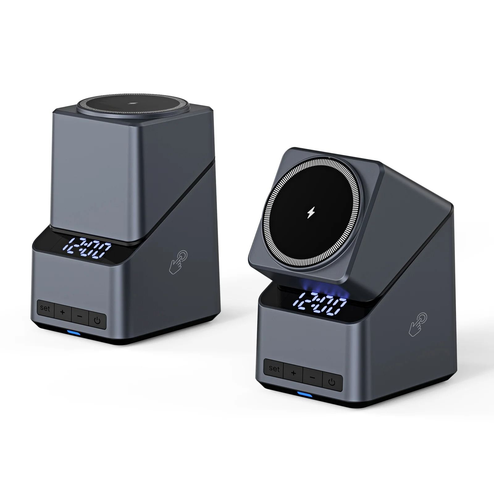 4-in-1 Auto-Rotation Wireless Charging Station – High-Speed Magnetic Dock with Digital Clock