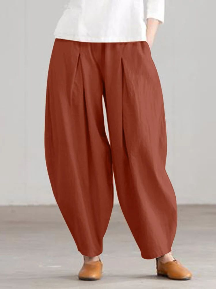 Women Summer Cotton Wide Leg Pants Elastic Waist Loose Casual Trousers
