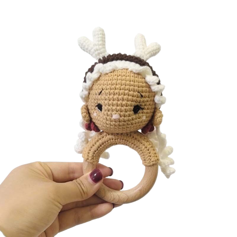 Long Ear Bunny Baby Rattler Safety Wooden Teether Mobile Crib Bell Teething Toy