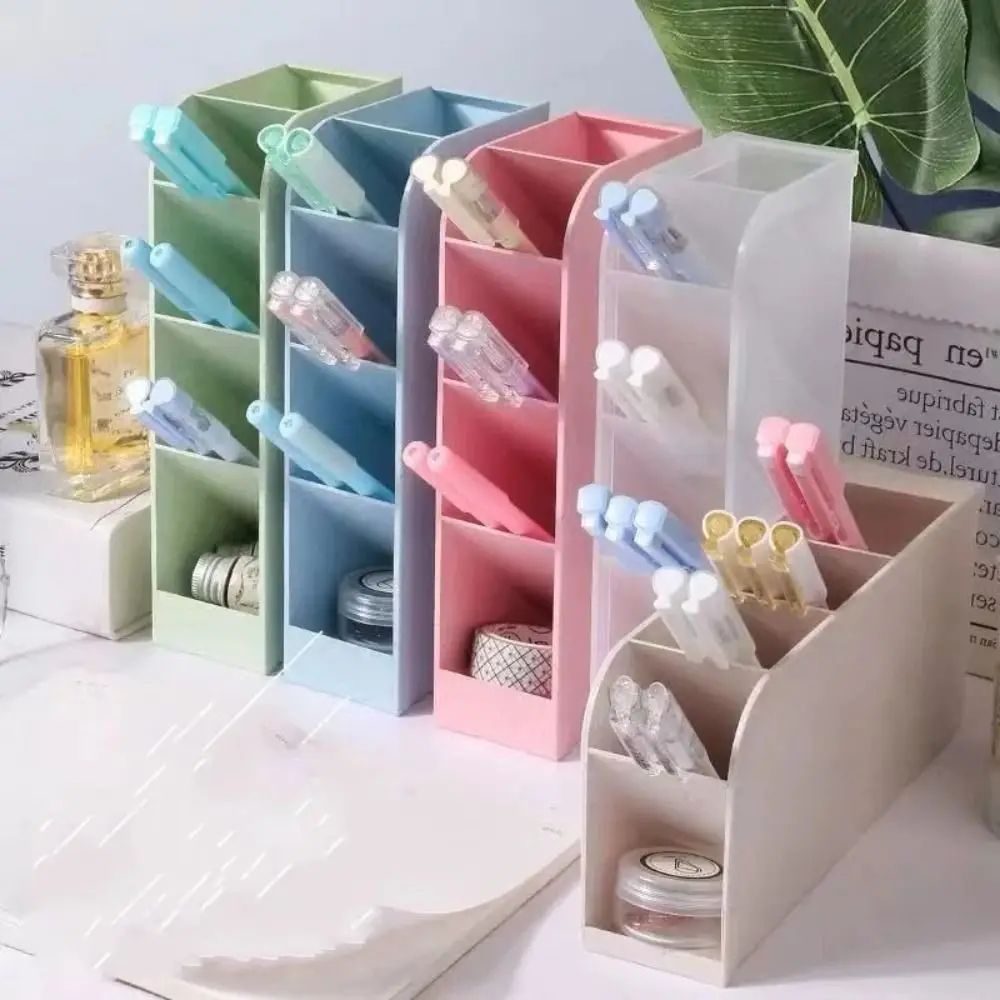 4-Grid Macaron Oblique Pen Holder – Colorful Desktop Stationery & Makeup Brush Organizer Box