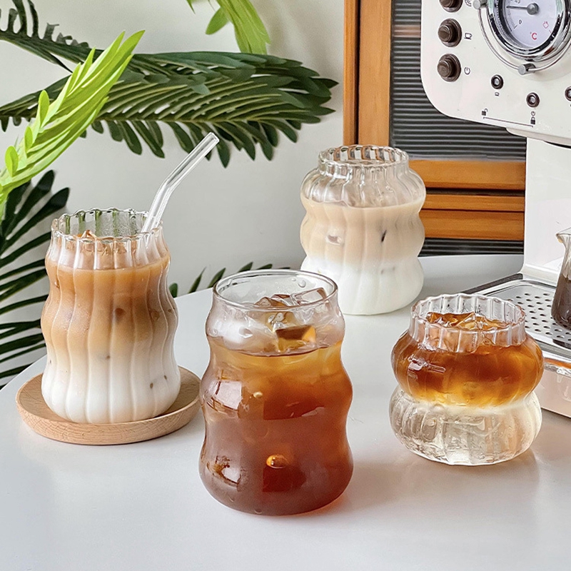 Creative Wave Shape Iced Coffee Tumbler Cup, Transparent Drinking Glass, Ripple Water Juice Milk Tea Mug