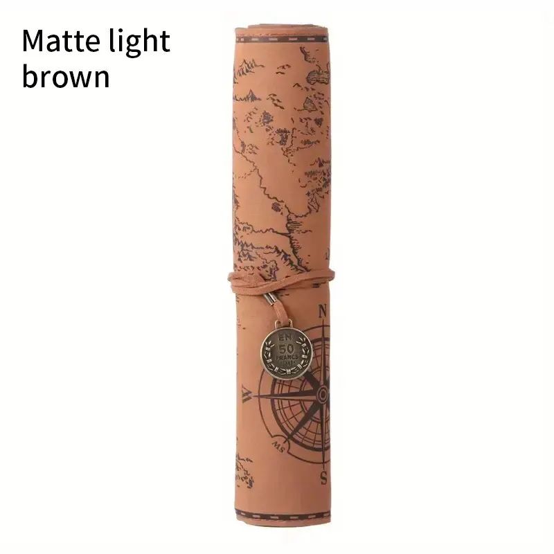 Creative Treasure Map Retro Pencil Case Leather Large Capacity Roll Pencil Bag with Embossed Buckle, Simple Stationery