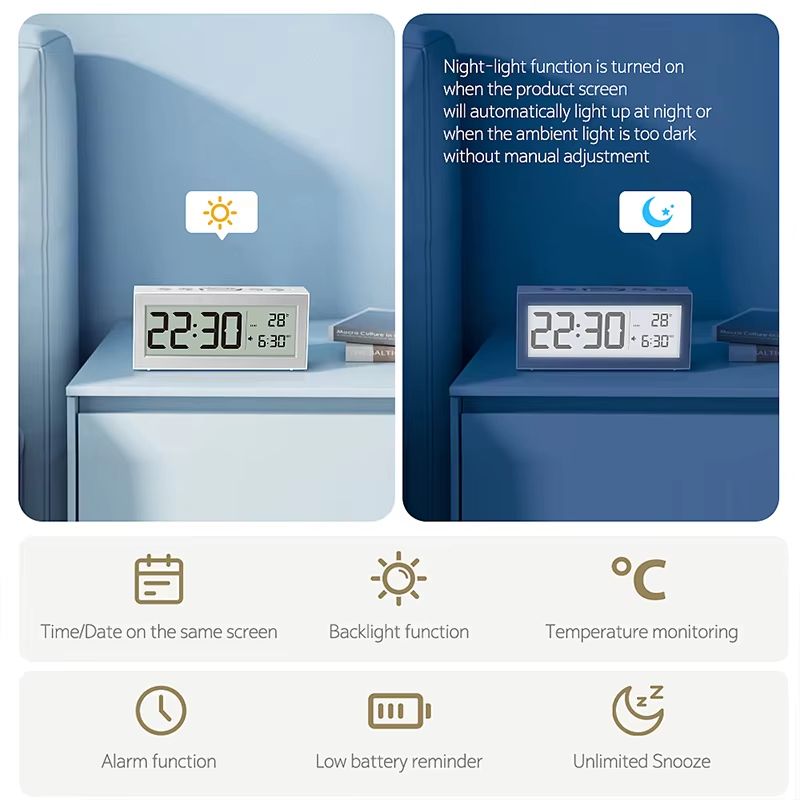 Retro LCD Digital Desk Clock with Alarm, Backlight, Calendar & Temperature Display