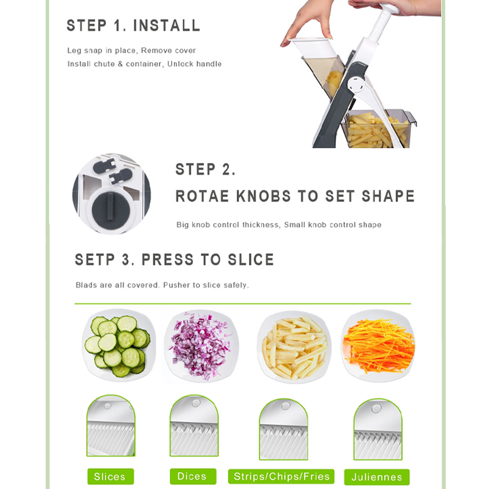 5-in-1 Safe Mandoline Slicer – Vegetables Potato Slicer, Food Chopper, French Fry Cutter