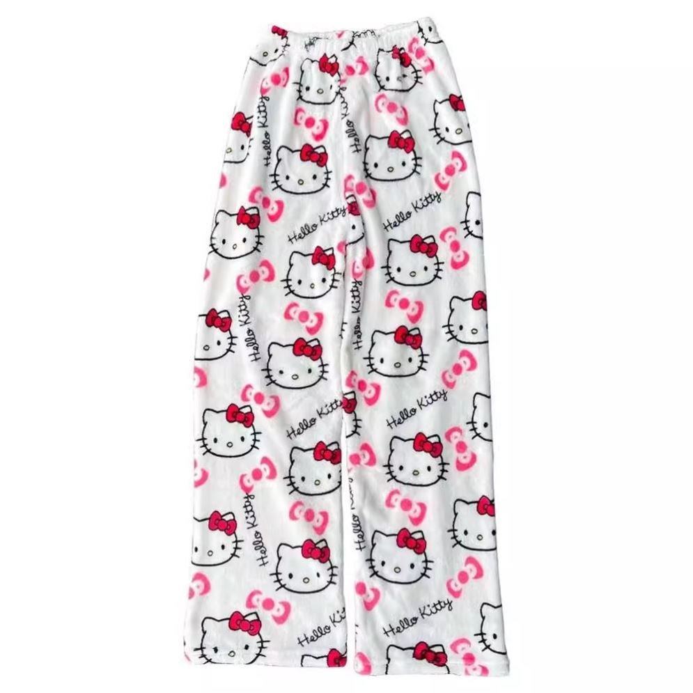 Halloween Pajamas Women, Hello Kitty Flannel Pant, Autumn Winter Plus Velvet, Warm Homewear, Cartoon Graffiti Loungewear