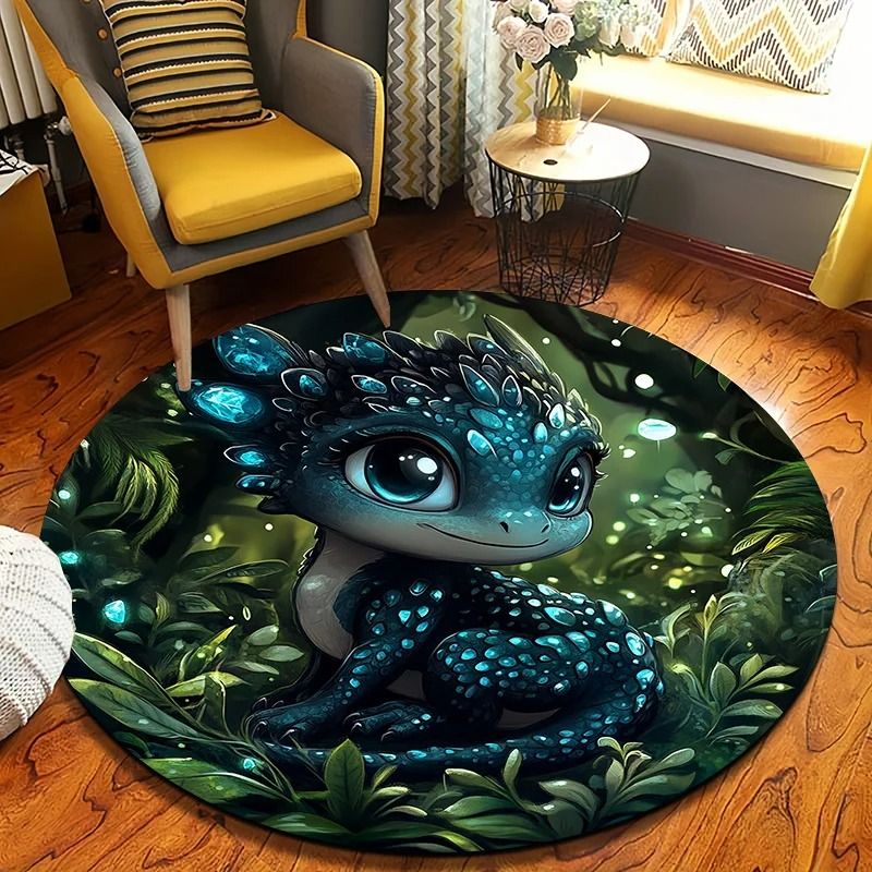 Cute Dragon Cartoon Round Rug Non Slip Flannel Kids Bedroom Carpet