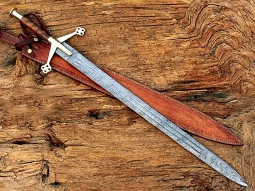 Handmade Damascus Steel Long Scottish Claymore Viking Hiking Sword with Cow Leather Sheath
