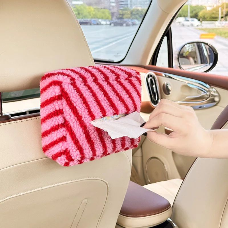 High End Striped Plush Hanging Car Tissue Box