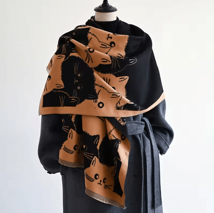 Cute Cat Jacquard Cashmere Pashmina Scarf – Thick Winter Warmth Shawl & Coldproof Blanket