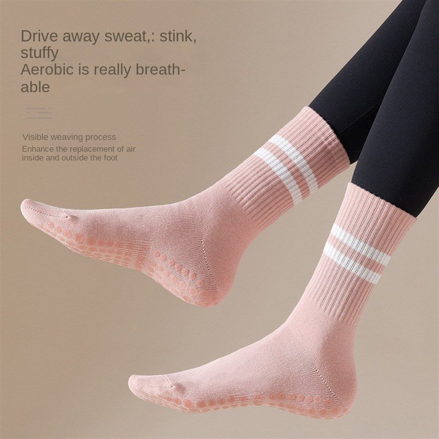 Women's Yoga Socks, Anti-Slip Pilates Socks, Skipping Rope Sports Socks, Double Bar Mid Leg Socks for Indoor Workouts