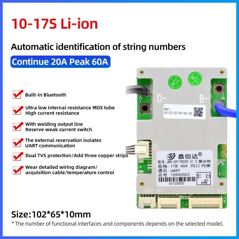 JBD Smart BMS with Built-In Bluetooth Lithium Battery Protection Board 10S–17S 24V–60V