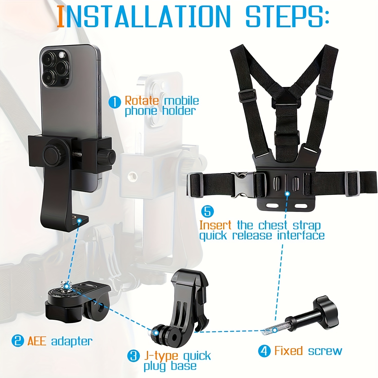 Durable ABS Material Chest Mount Phone Holder, 5-in-1 Design, Adjustable Strap, Ergonomic Shoulder Fit
