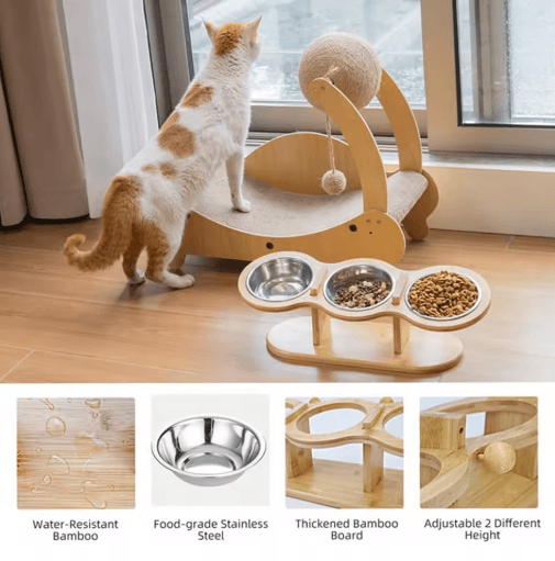 Raised Cat Feeder with 3 Stainless Steel Bowls 15° Ergonomic Wooden Feeding & Watering Station