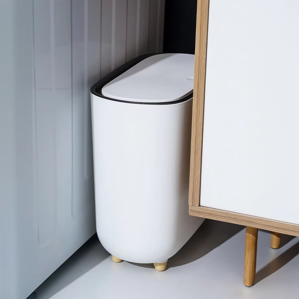 Narrow Press Ring Trash Can with Lid for Bathroom and Small Spaces