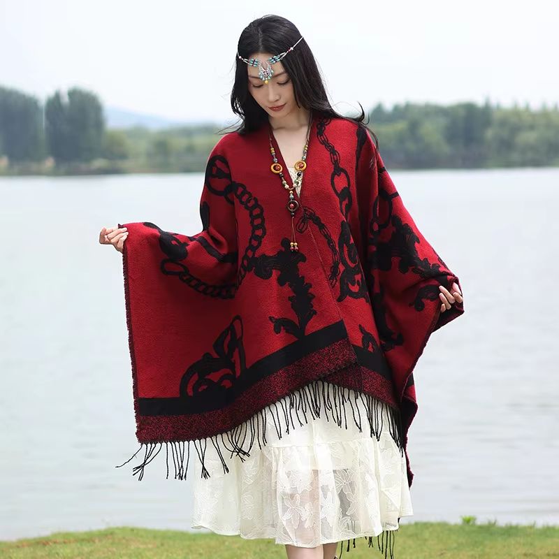 Luxury Jacquard Cashmere Poncho Cape, Thick Unisex Travel Shawl Wrap