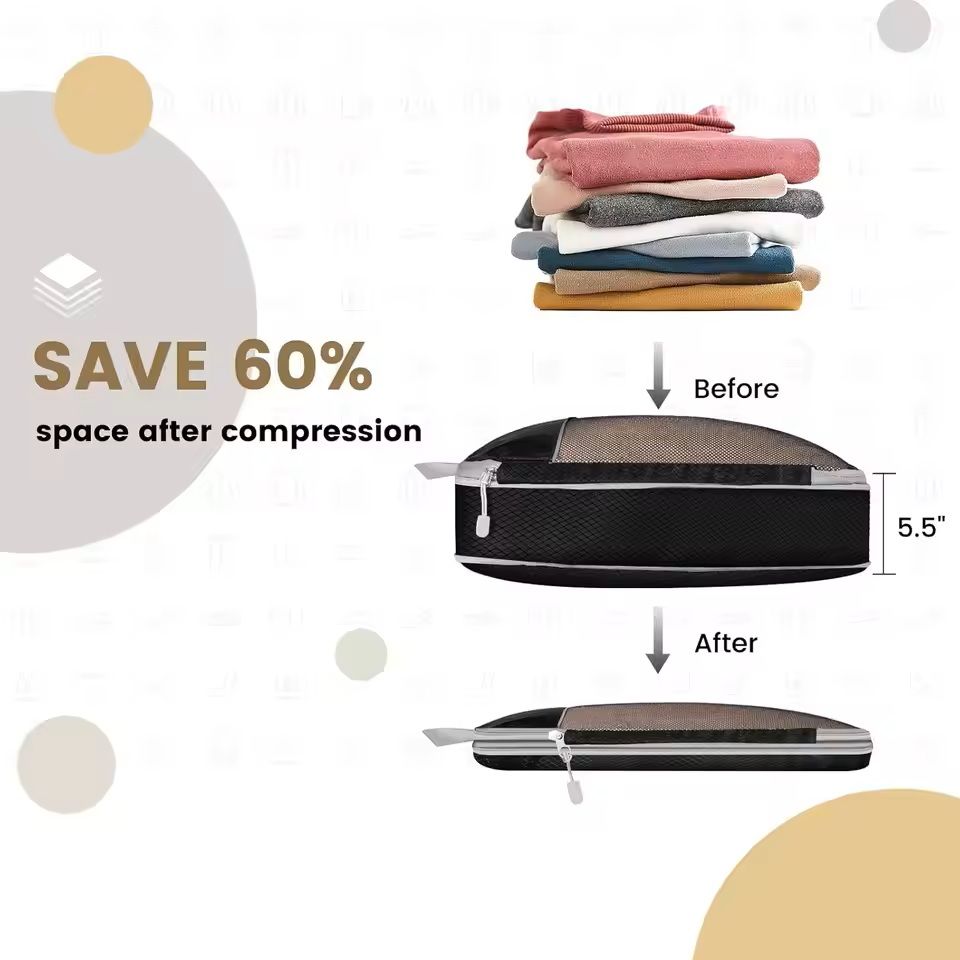 6 Piece Travel Packing Cubes Set with Shoe Bag and Mesh Windows