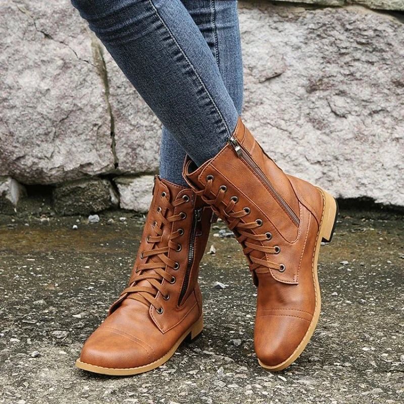 Women Retro Western Motorcycle Boots Zipper Mid Calf Plus Size Short Botas