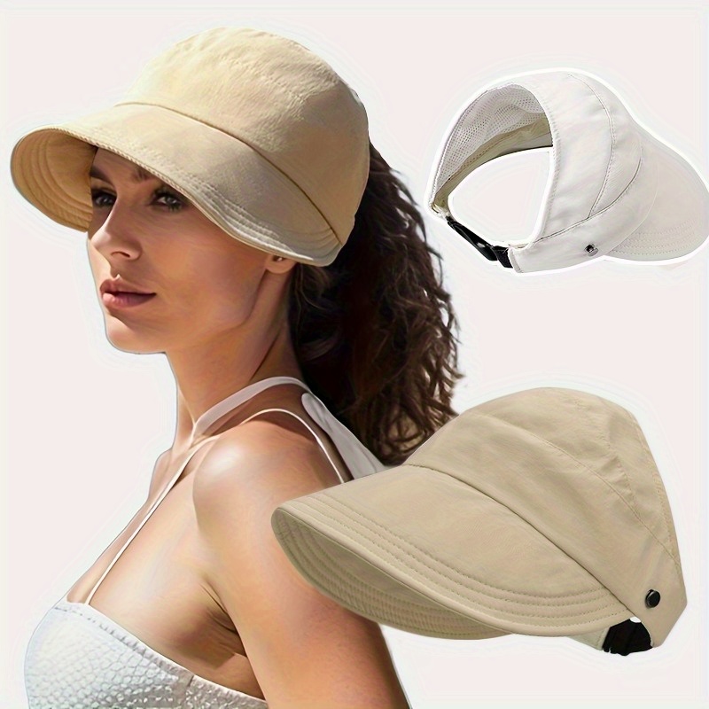 Women's Breathable Sun Hat with Wide Brim, UV Protection, Open-Top Peaked Visor for Ponytails, Summer Hat for Women