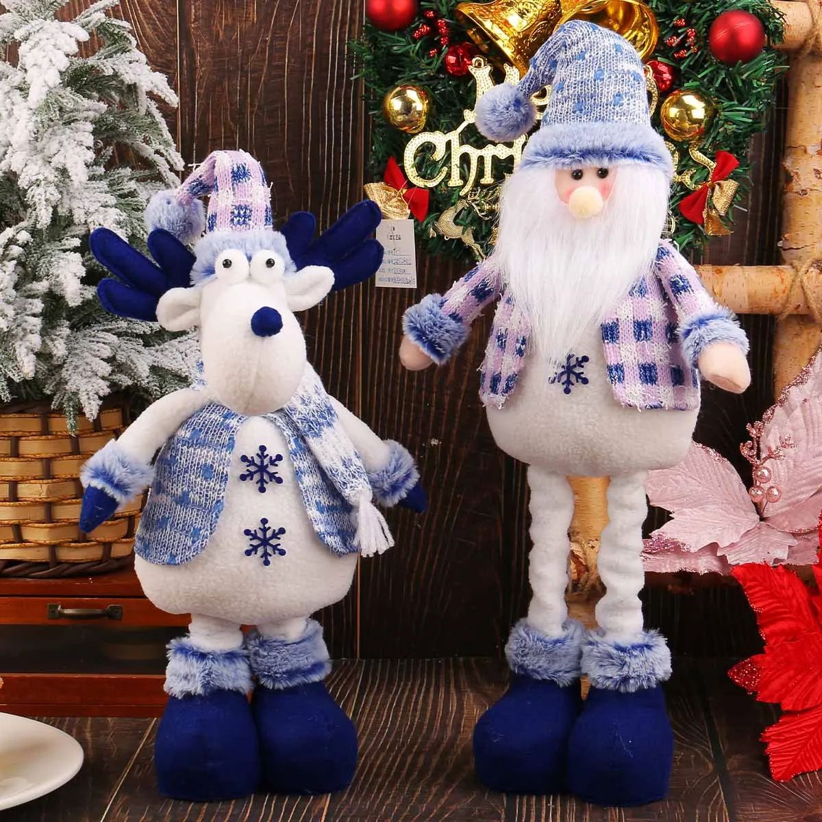 Nordic Blue Christmas Plush Hanging Dolls – Stretchy Santa, Reindeer & Snowman Tree Ornaments