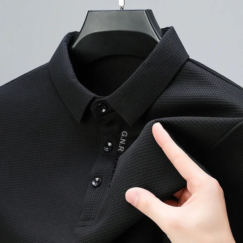 Men's Waffle Knit Polo Shirt – Long Sleeve Casual Letter Print Lapel Top