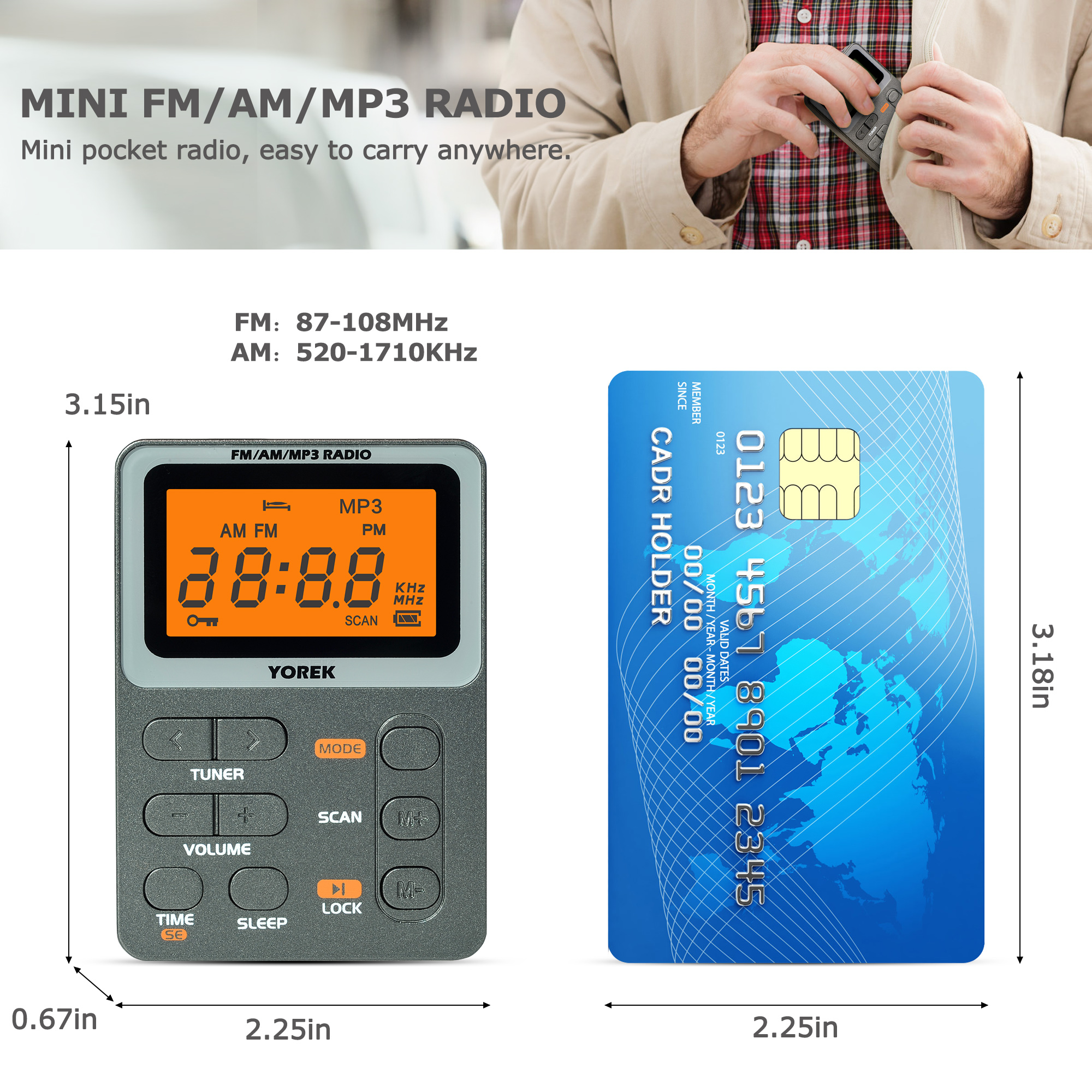 Mini Digital AM/FM Portable Radio, Best Reception, MP3 Music Player with TF Card Slot & Earphone Jack, Compact Radio