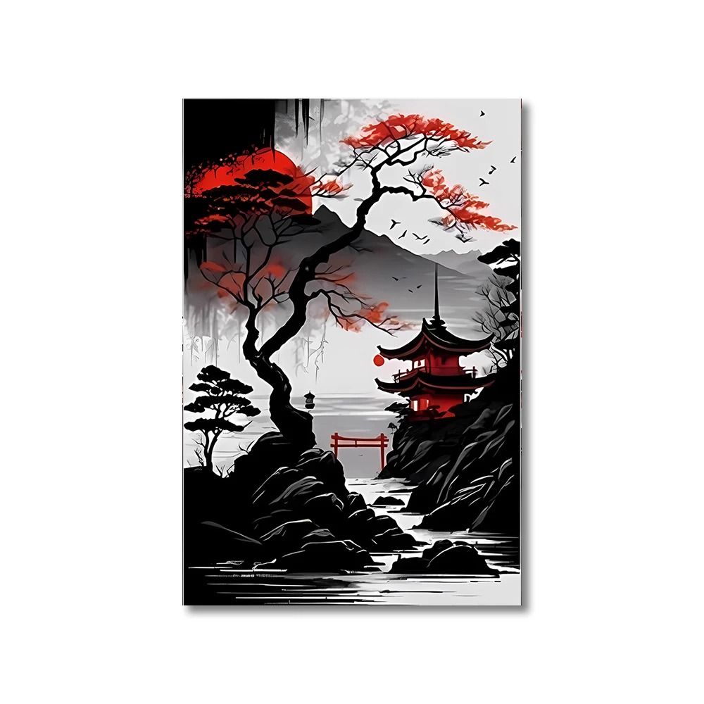 Japanese Wall Art Set Vintage Landscape Canvas Prints in Black and Red Oriental Decor