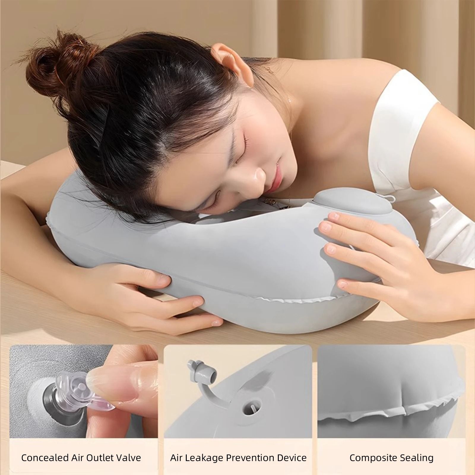Inflatable U Shaped Travel Neck Pillow Soft Flocking Material