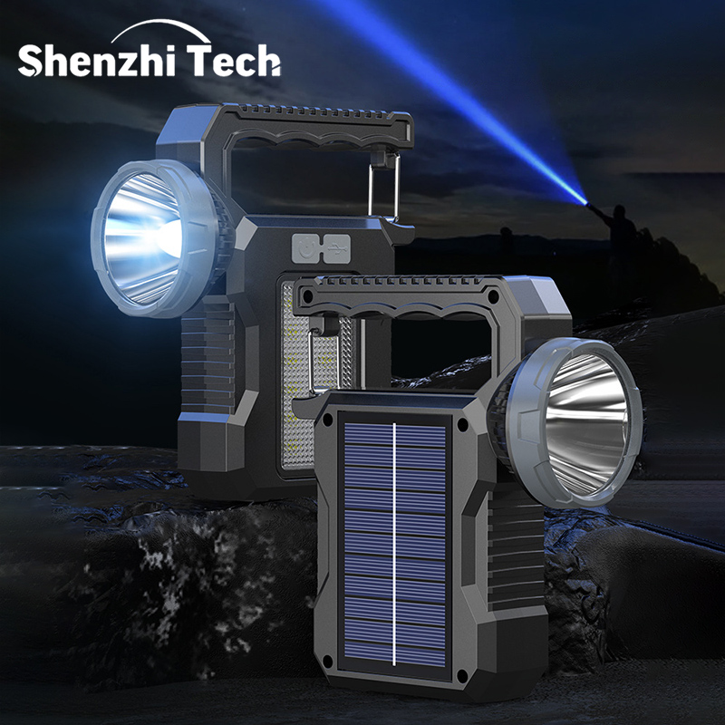 Solar Rechargeable Flashlight with COB Work Light Portable LED Searchlight for Camping Emergencies