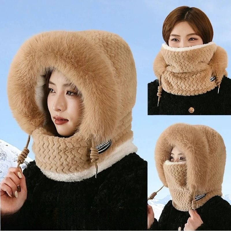 Women Thermal Plush Hood Hat Scarf Mask Set Windproof Winter Wear