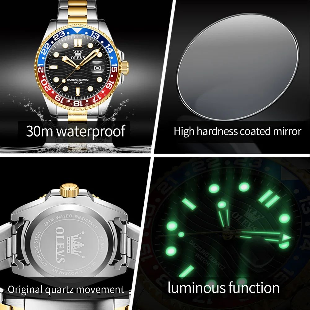 OLEVS 3610 Luxury Waterproof Stainless Steel Men's Quartz Watch with Luminous Calendar