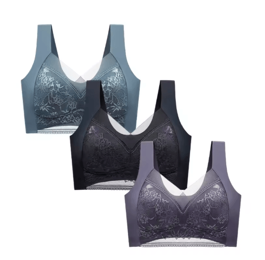 FallSweet 3-Piece Wireless Lace Push Up Deep V Bralette Set (L–5XL)