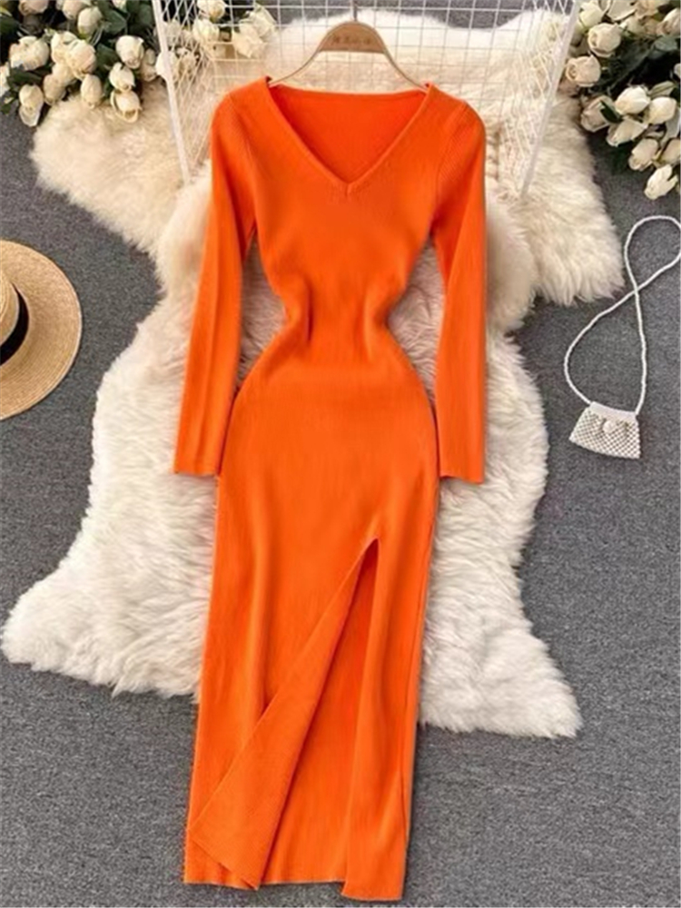 Female V-Neck Slim Slit Women's Sweater Dress, Tight-fitting Wrap Dresses