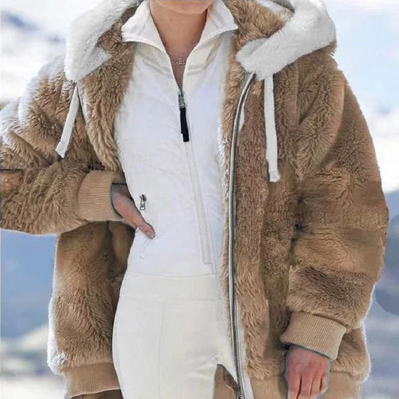 Cozy Womens Plush Hooded Jacket Loose Zip Up Winter Fleece Coat