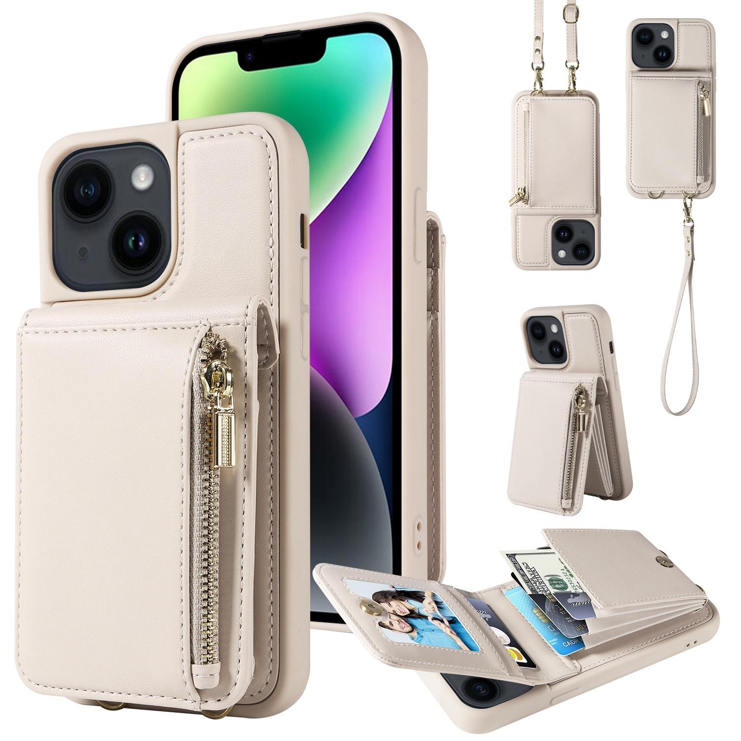 Leather Crossbody iPhone Wallet Case with Zipper Pocket & Lanyard Strap
