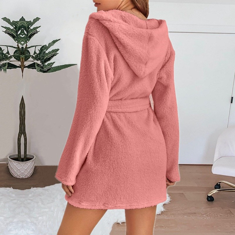 Fluffy Plush Pyjamas, Sexy Winter Women Bath Robe, Hooded Dressing Gown, Solid Color Warm Bathrobe Female Loungewear
