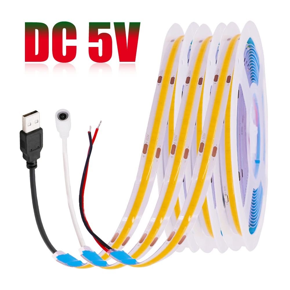 USB COB LED Strip Light 5V High-Density Flexible Tape for Ambient Decor Lighting