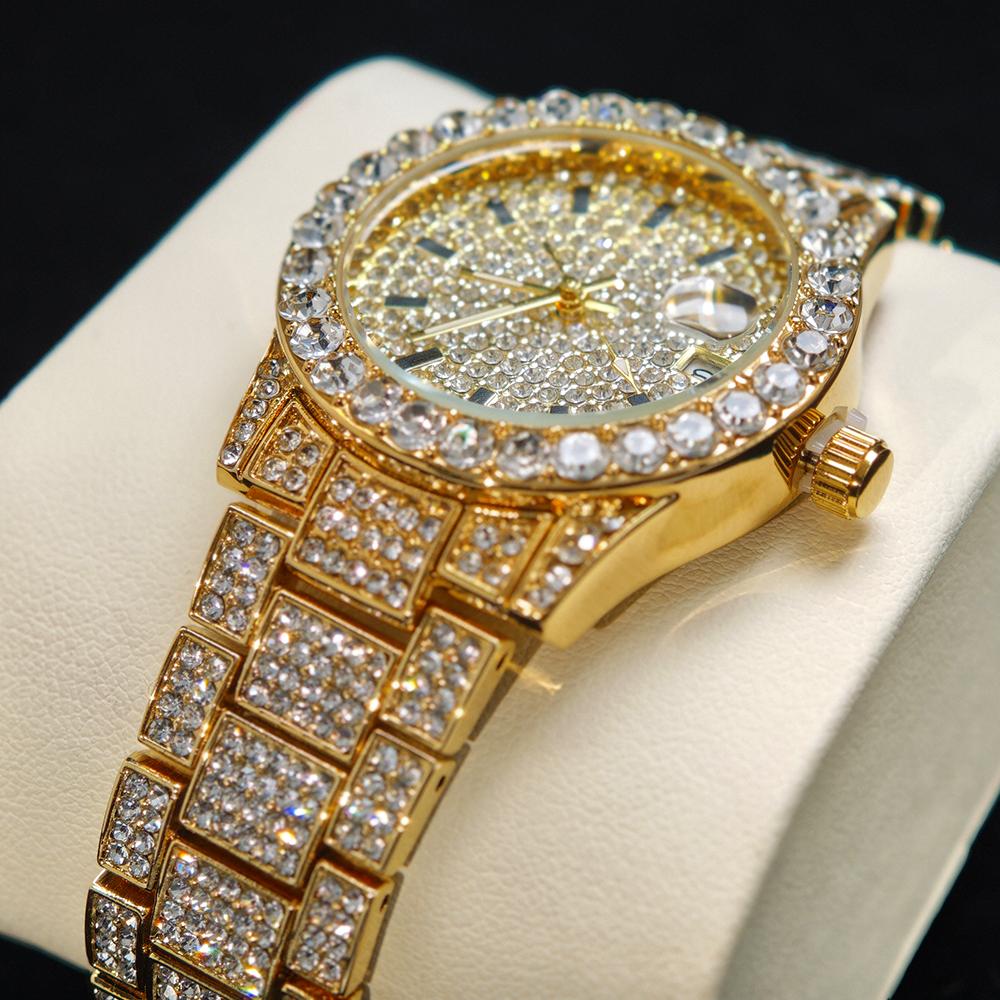 Luxury Stainless Steel Fashion Gold Watches, Elegant Iced Diamond Jewelry, Quartz Wristwatch for Women