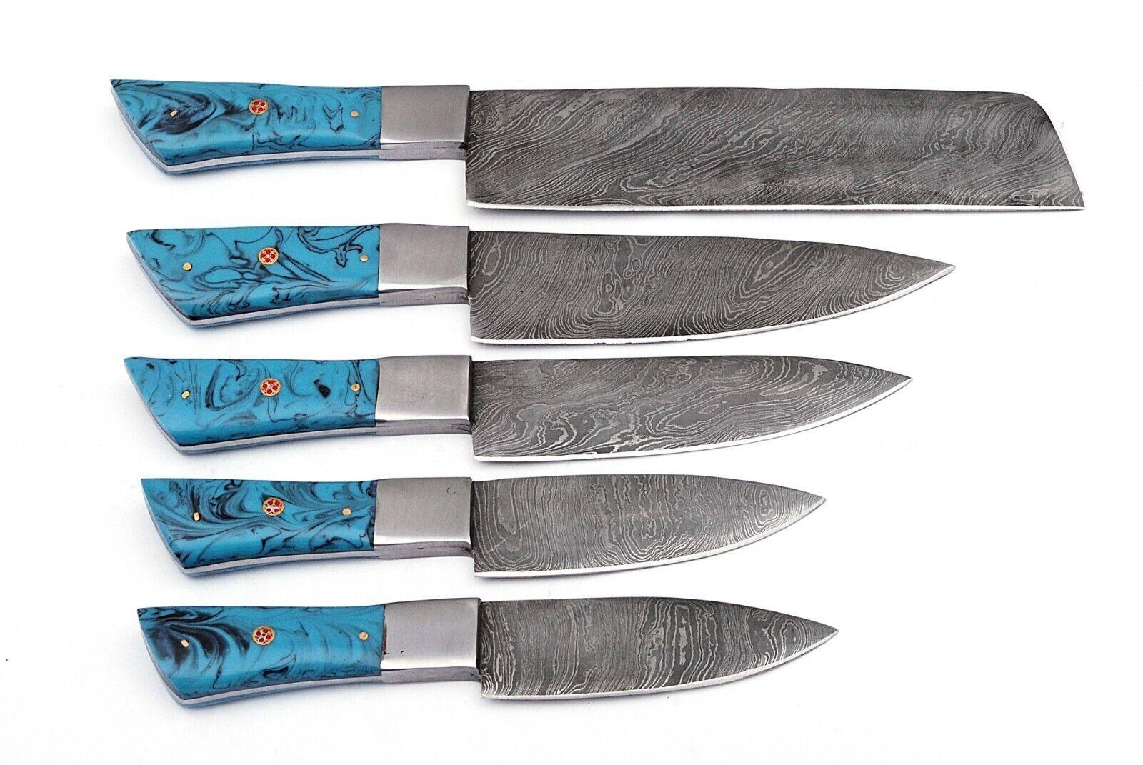 Custom Handmade Damascus Chef Knives Set with Wooden Handles