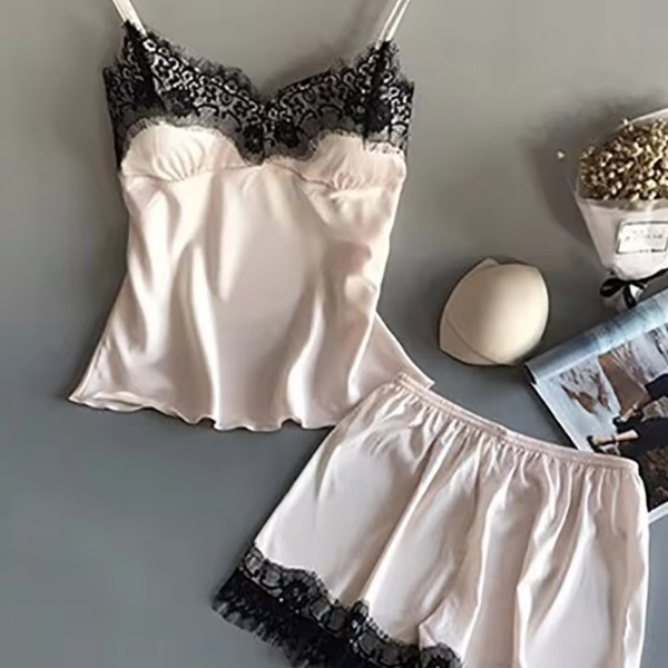 Satin Lace Babydoll Pajama Set Womens Sexy Sleepwear Shorts Set